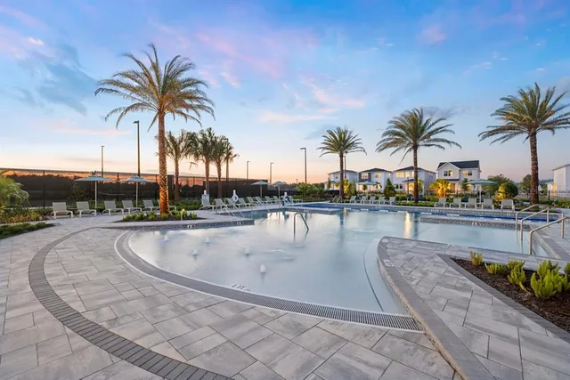 a view of swimming pool with outdoor seating and palm tree