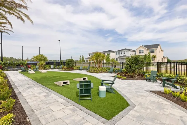 a view of a lake with a garden