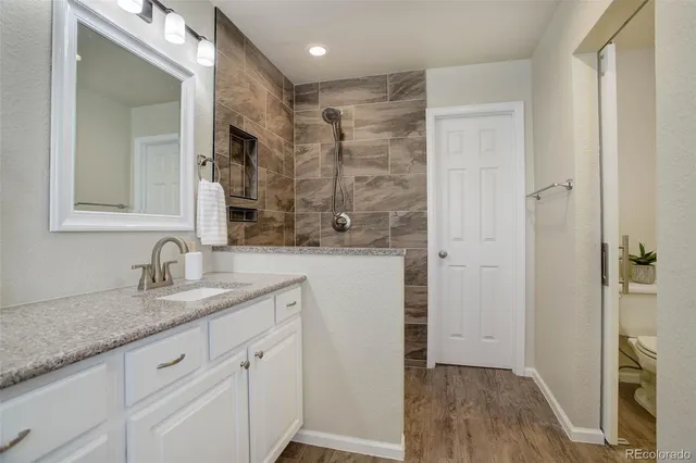a bathroom with a granite countertop sink a mirror and a shower