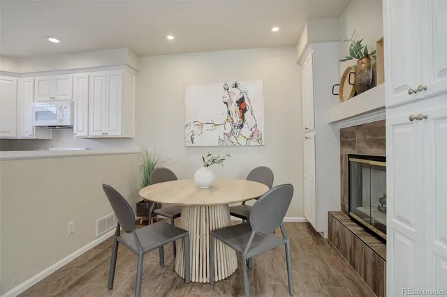 a view of a dining room with furniture