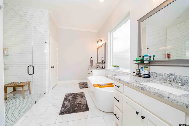a bathroom with a tub a sink and shower
