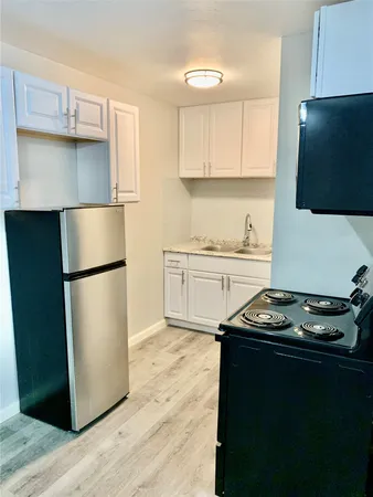 a kitchen with a refrigerator and a sink
