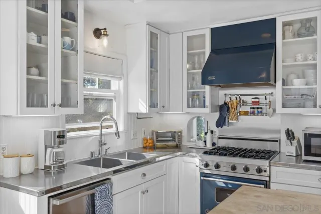 a kitchen with stainless steel appliances a stove a sink and a microwave