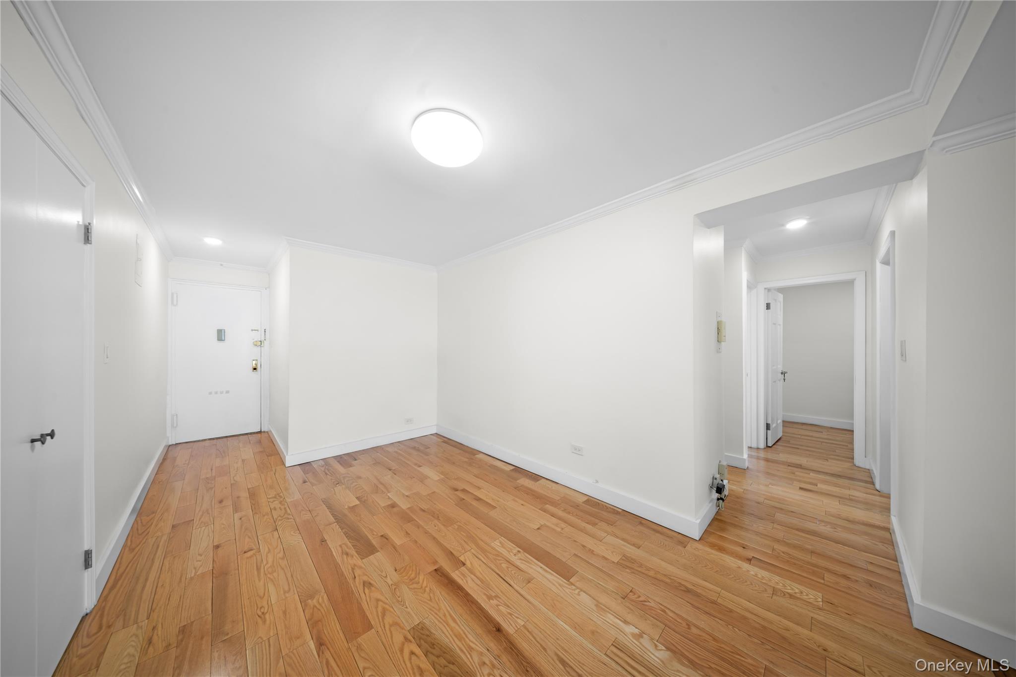 134-54 Maple Avenue, Unit 3W Queens, NY 11355 - Photo 12 of 19 Empty room featuring light wood-style flooring, ornamental molding, and recessed lighting