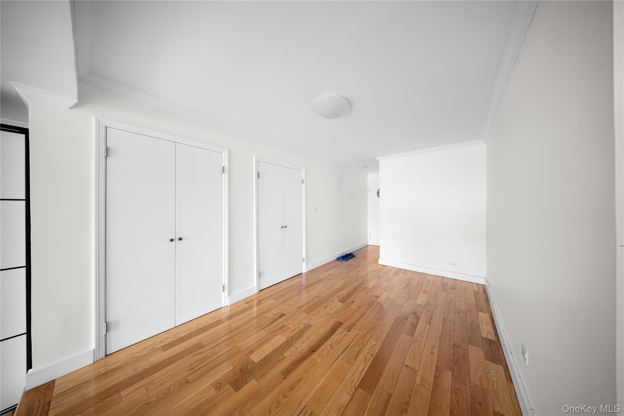 134-54 Maple Avenue, Unit 3W Queens, NY 11355 - Photo 4 of 19 Unfurnished bedroom featuring ornamental molding, light wood-type flooring, and two closets
