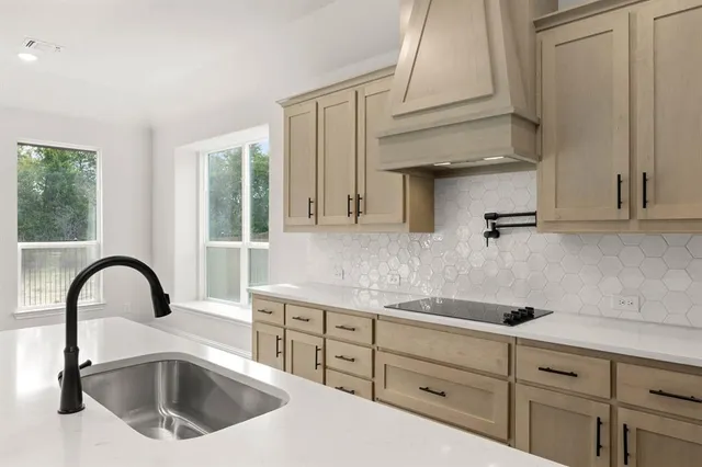 a kitchen with a sink and cabinets