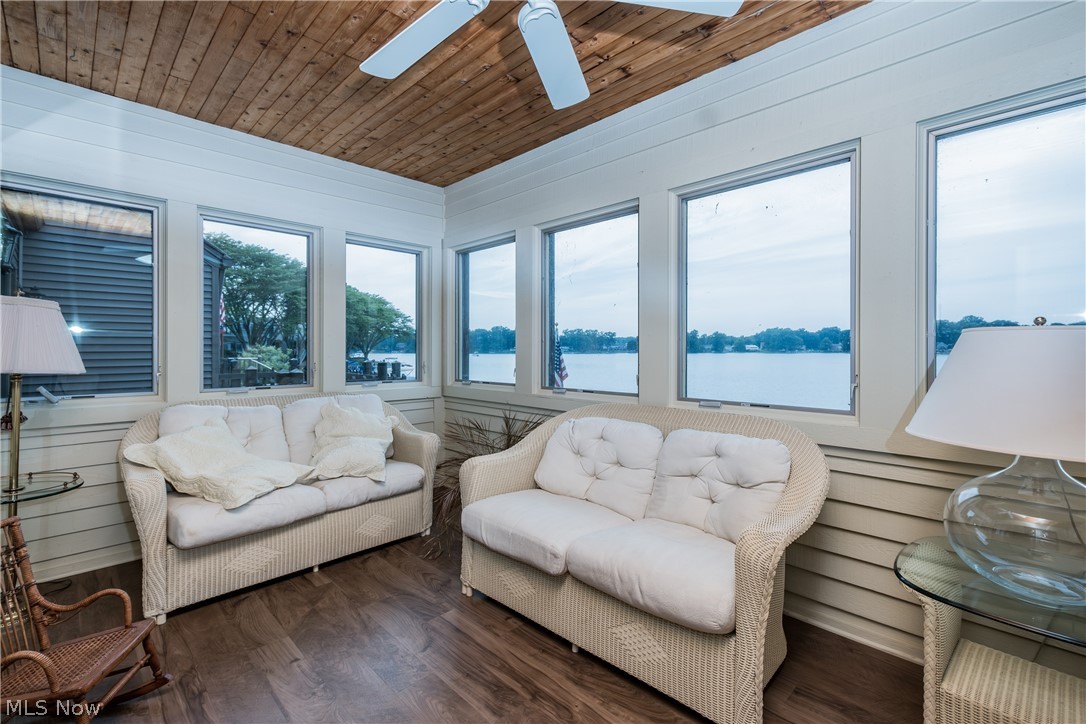 1415 Harbor Drive Northwest Canton, OH 44708 - Photo 22 of 46 Sunroom with ceiling fan, a water view, and wood ceiling