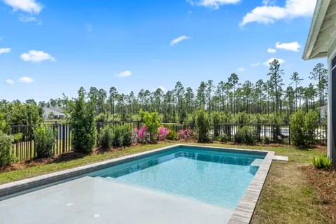 a view of a swimming pool and trees in the background