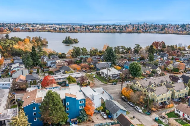 an aerial view of city and lake with trees