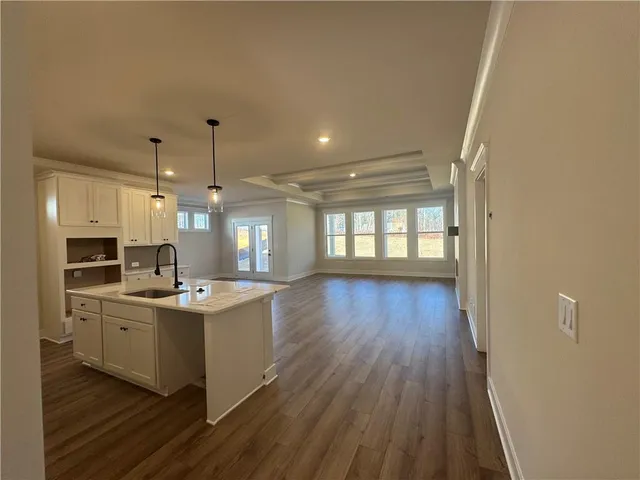 a kitchen with a sink and wooden floor