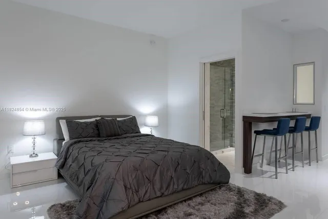 a bedroom with a bed a table and chair