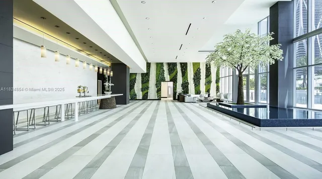 a living room with furniture and large windows