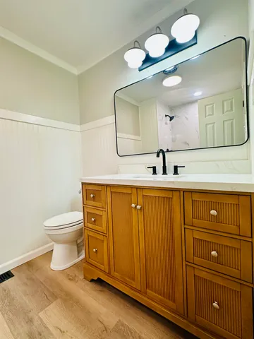 a bathroom with a sink a toilet and mirror