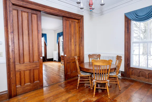 a view of a dining room with furniture and window