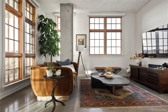 a living room with furniture and a potted plant
