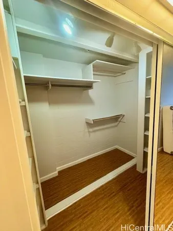 a view of walk in closet with empty racks