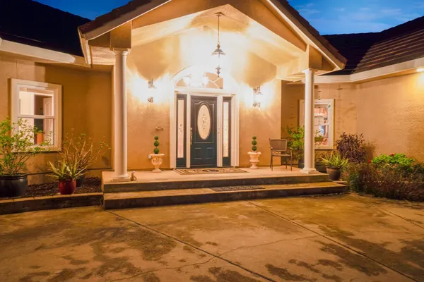 a front view of a livingroom with furniture and a potted plant