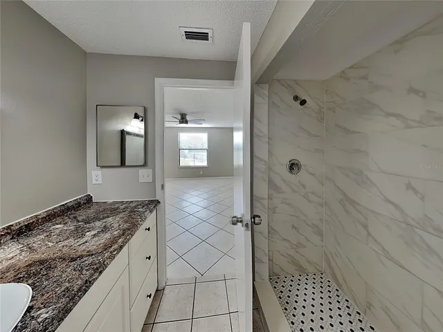 a bathroom with a granite countertop sink and a mirror