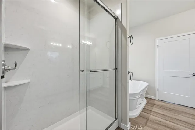 a bathroom with a bathtub and a shower
