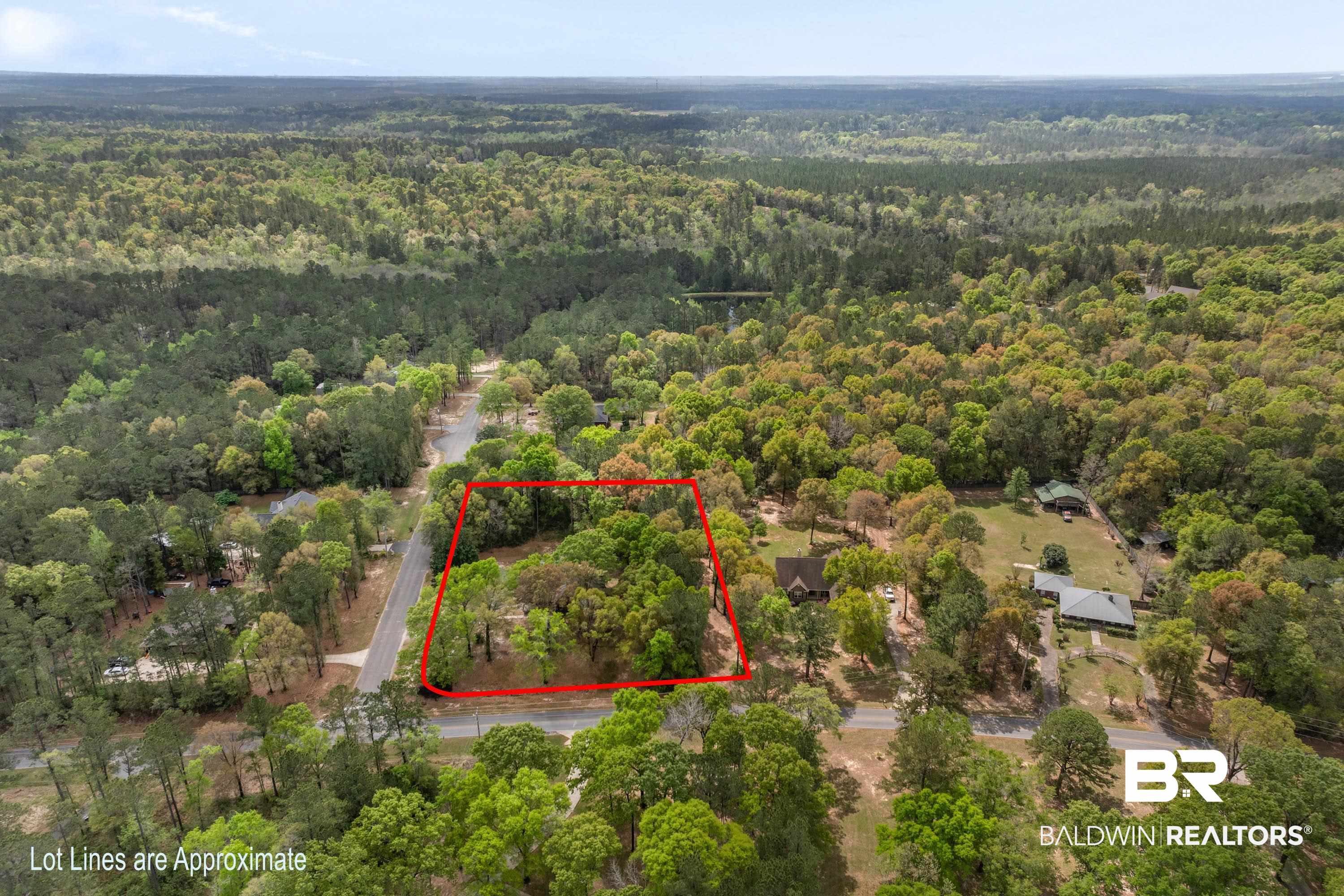 10140 Lakeview Road Bay Minette, AL 36507 - Photo 28 of 35 Aerial view of property's location featuring property boundaries highlighted and a forest