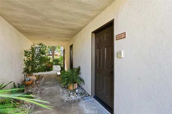 a couple of potted plants in front of door