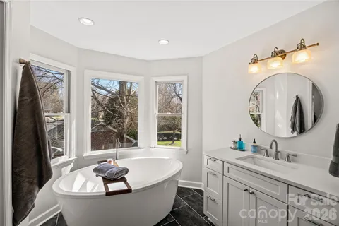 a bathroom with a granite countertop sink and a large mirror