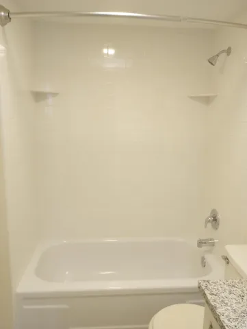a bathroom with a bathtub and a toilet