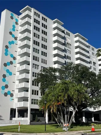 a front view of a building with street