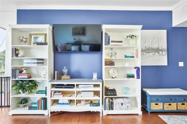 a room with furniture and book shelf