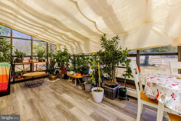 an outdoor space with seating