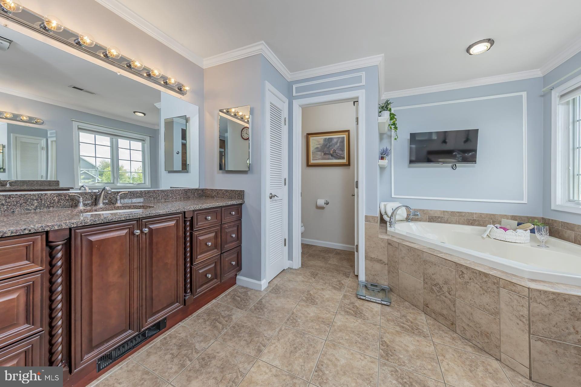 144 Point Airy Road Pilesgrove, NJ 08098 - Photo 24 of 65 a spacious bathroom with a granite countertop tub double sink and a mirror