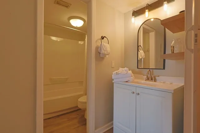 a bathroom with a toilet sink vanity and mirror