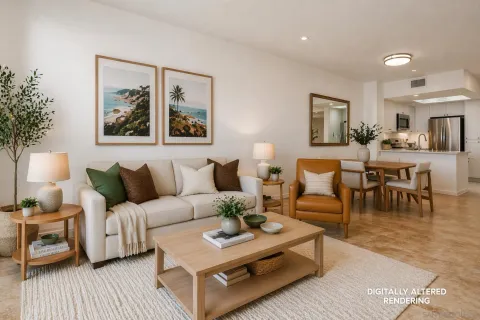 a living room with furniture and a painting on the wall
