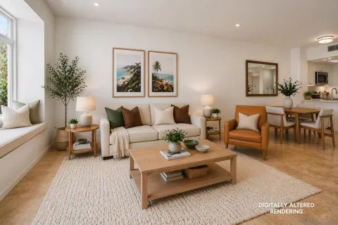a living room with furniture and a potted plant
