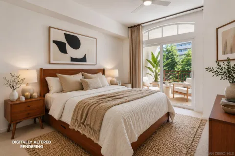 a bedroom with a bed and a large window