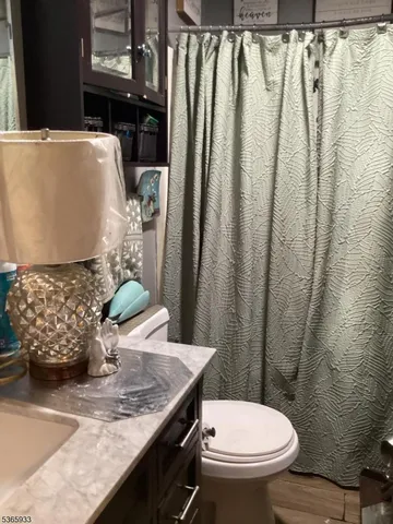 a bathroom with a granite countertop sink and a toilet