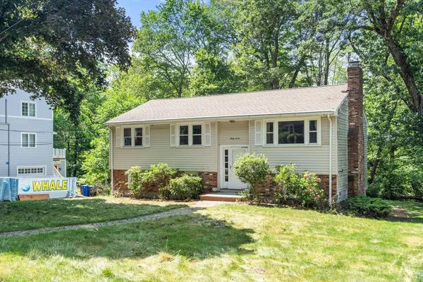 a front view of house with yard and green space