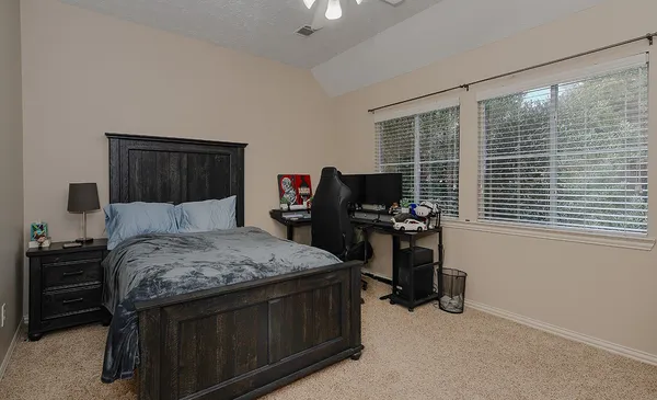 a bedroom with a bed and furniture