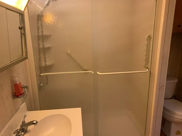a bathroom with a sink and a shower