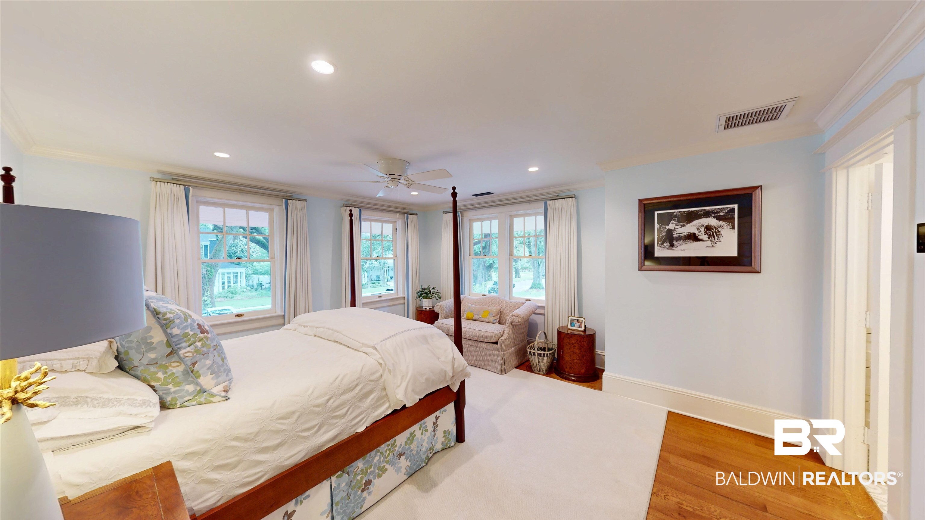211 Lanier Avenue Mobile, AL 36607 - Photo 35 of 73 Bedroom with crown molding, light wood finished floors, recessed lighting, and ceiling fan