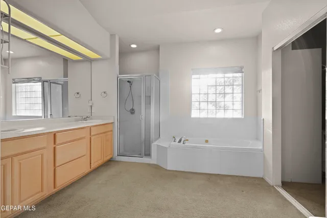 a bathroom with a tub a sink and a large mirror