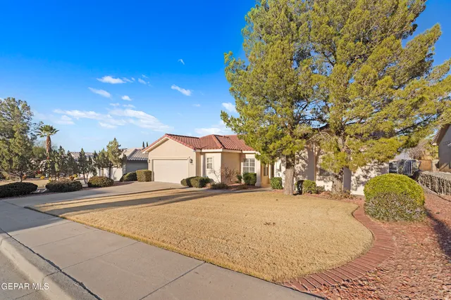 a front view of a house with a yard and trees