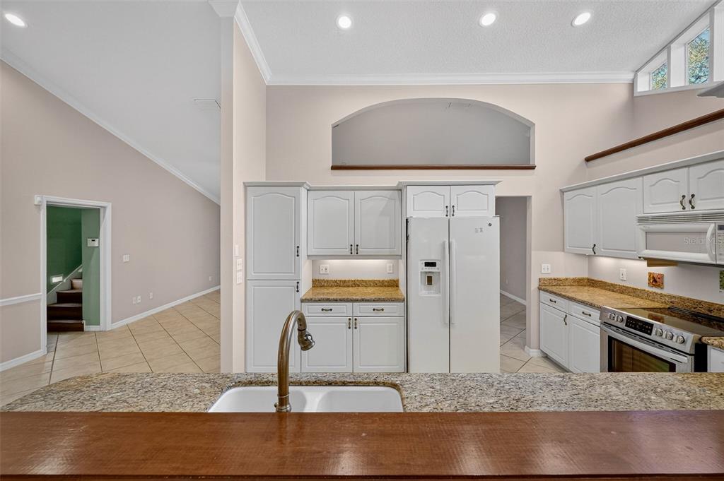 4875 Sailfish Drive Ponce Inlet, FL 32127 - Photo 15 of 60 a kitchen with stainless steel appliances kitchen island granite countertop a stove a sink and a microwave