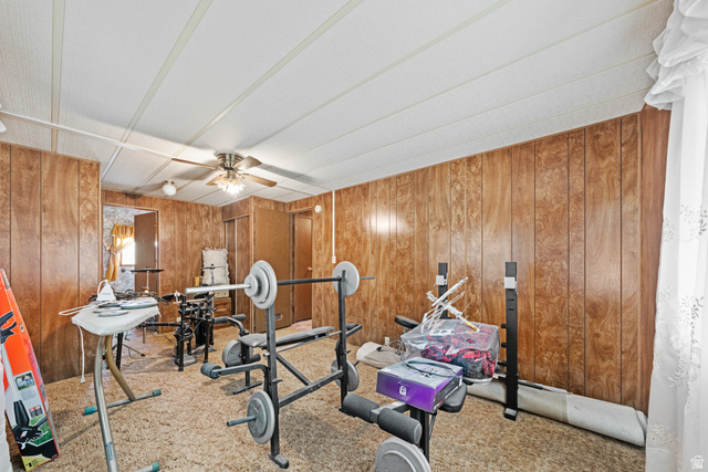49 600 North Hurricane, UT 84737 - Photo 13 of 33 Exercise area with wooden walls, a ceiling fan, and light colored carpet