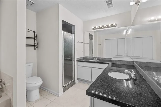 a bathroom with a granite countertop sink a toilet and a shower