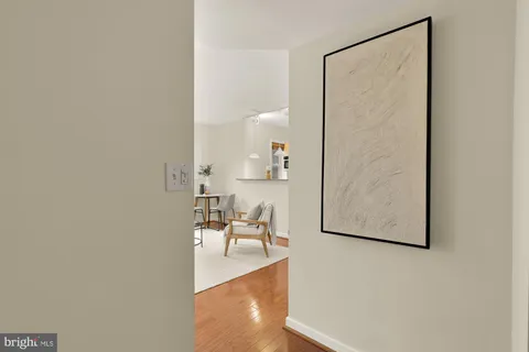 an entryway with wooden floor and a rug