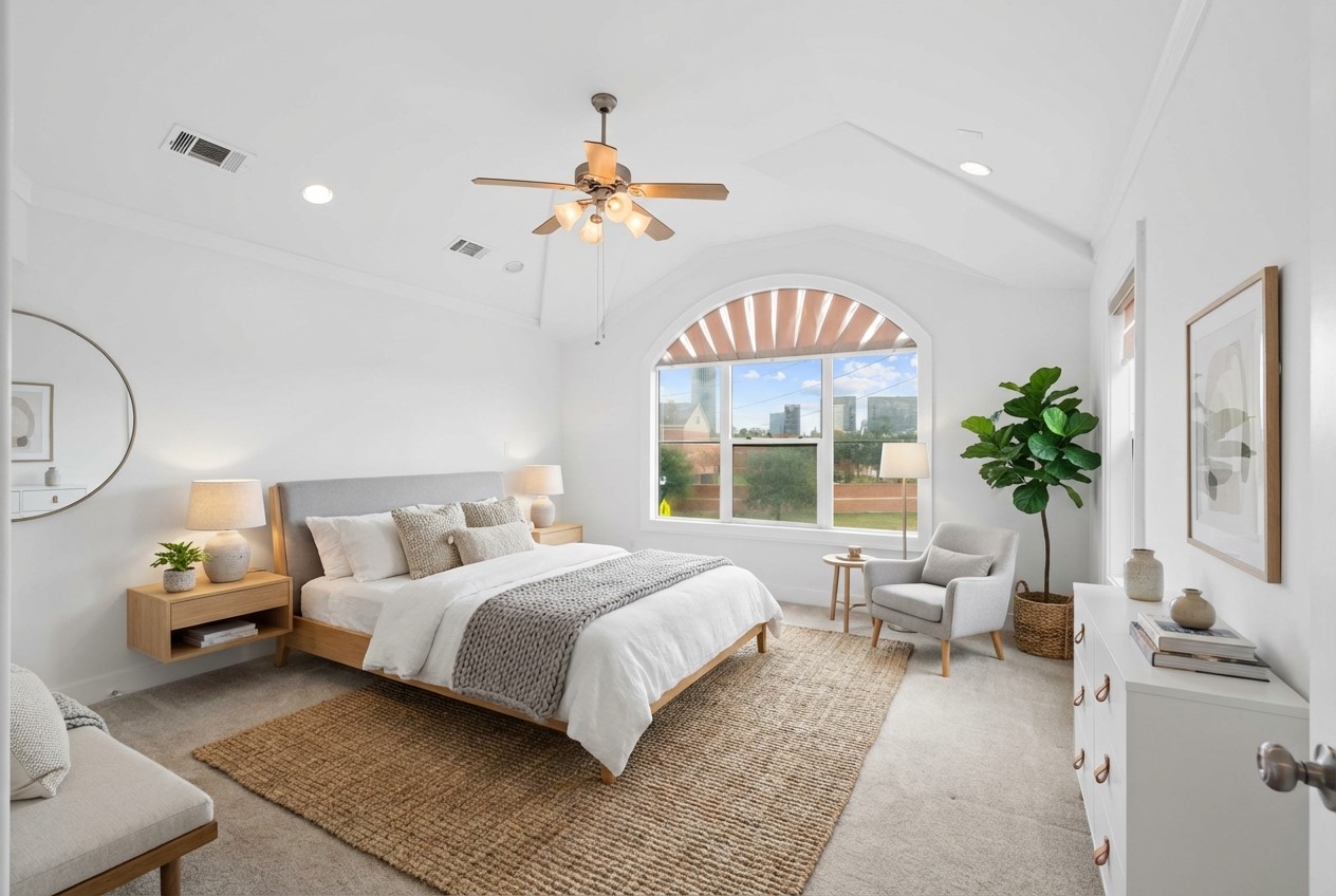 3006 McCulloch Circle Houston, TX 77056 - Photo 12 of 29 a bedroom with a bed a chandelier and a flat screen tv