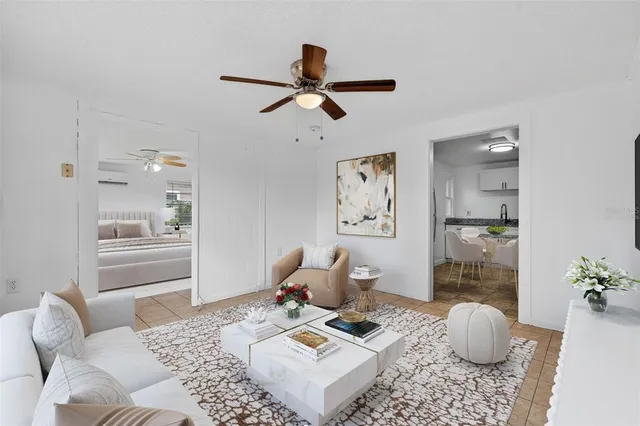 a living room with furniture and a rug