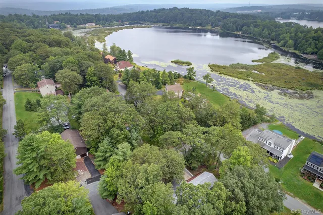 an aerial view of residential houses with outdoor space and lake view