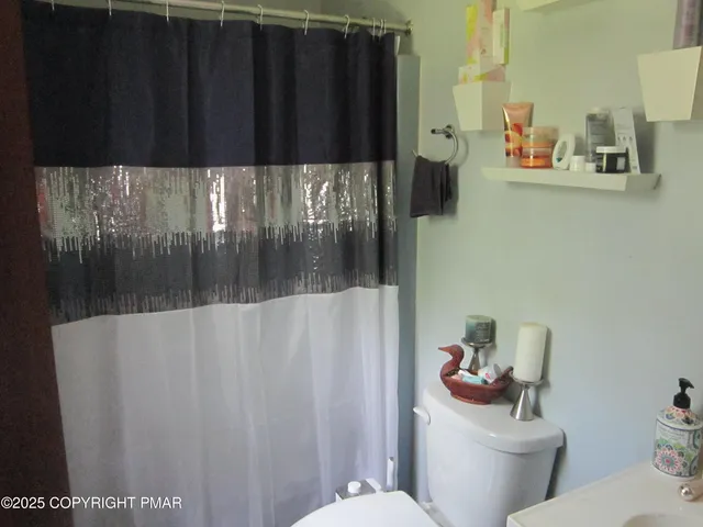a bathroom with a toilet and a shower curtain